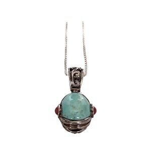 Vtg Oval Turquoise Pendant w/Red Coral Accents on Sterling Silver Chain